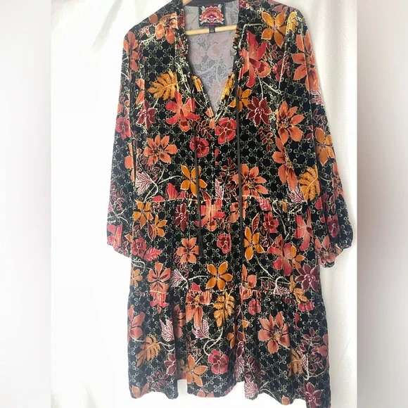 Johnny Was Silk Blend Jasmoon Flore Velvet Field Tiered Dress Tassels - Picture 9 of 11